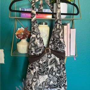 Babydoll vintage halter swim top tankini black brown floral tropical beach suit